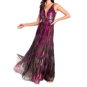 DRESS THE POPULATION Samira sequin gown. Fuschia multi color.  Size XS. NWT